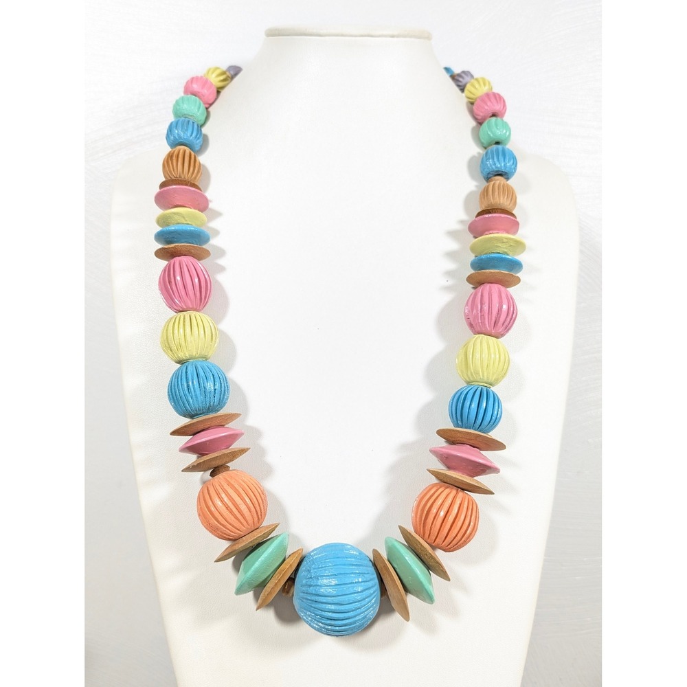 Vintage Pastel Chunky Wooden Bead Necklace 31" Ribbed Fluted Statement Long